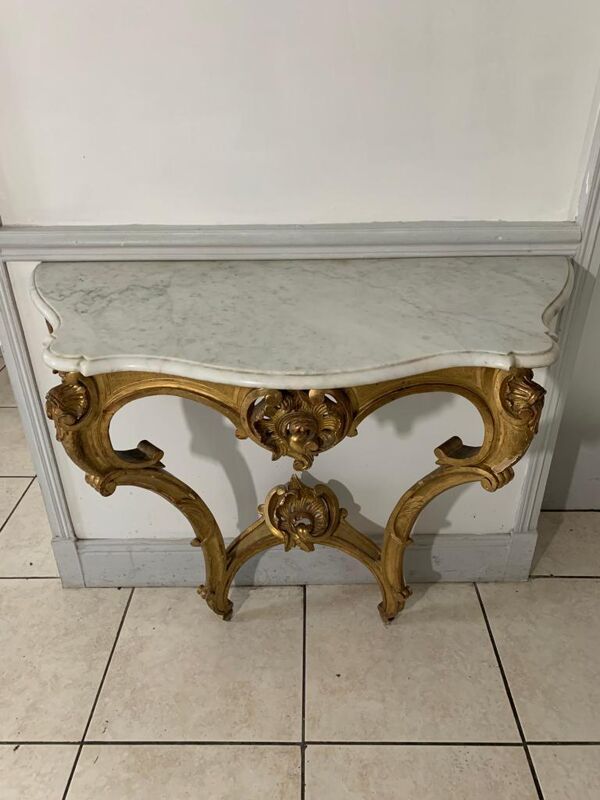 Console style louis xv, bois dorée et marbre, xixème siècle