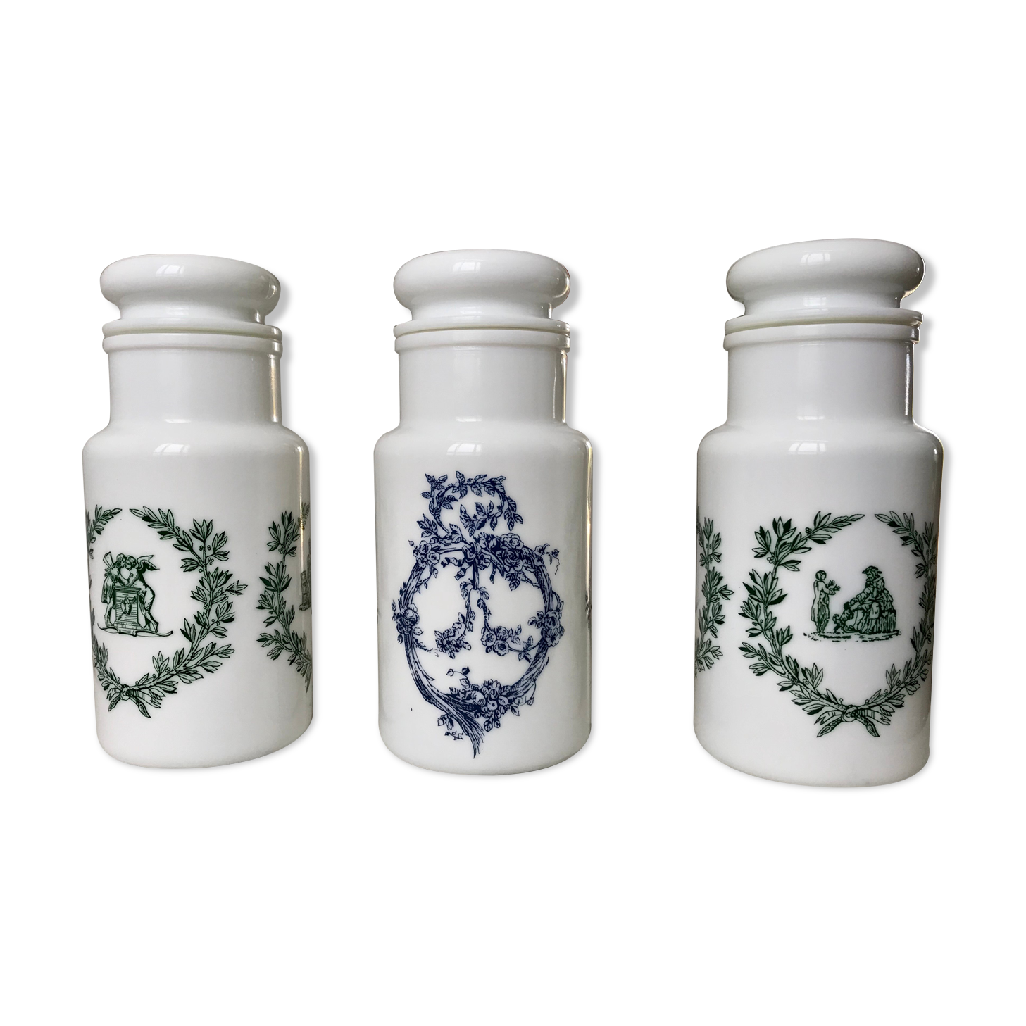 Trio of apothecary pots in opaline years 40-50
