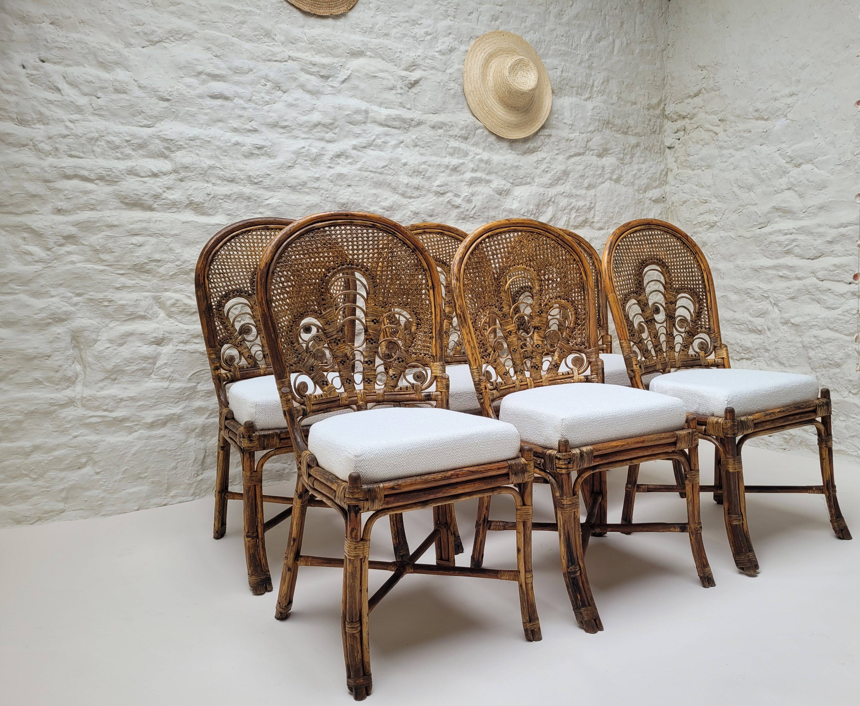 6 Vintage Emmanuelle Peacock Rattan Chairs