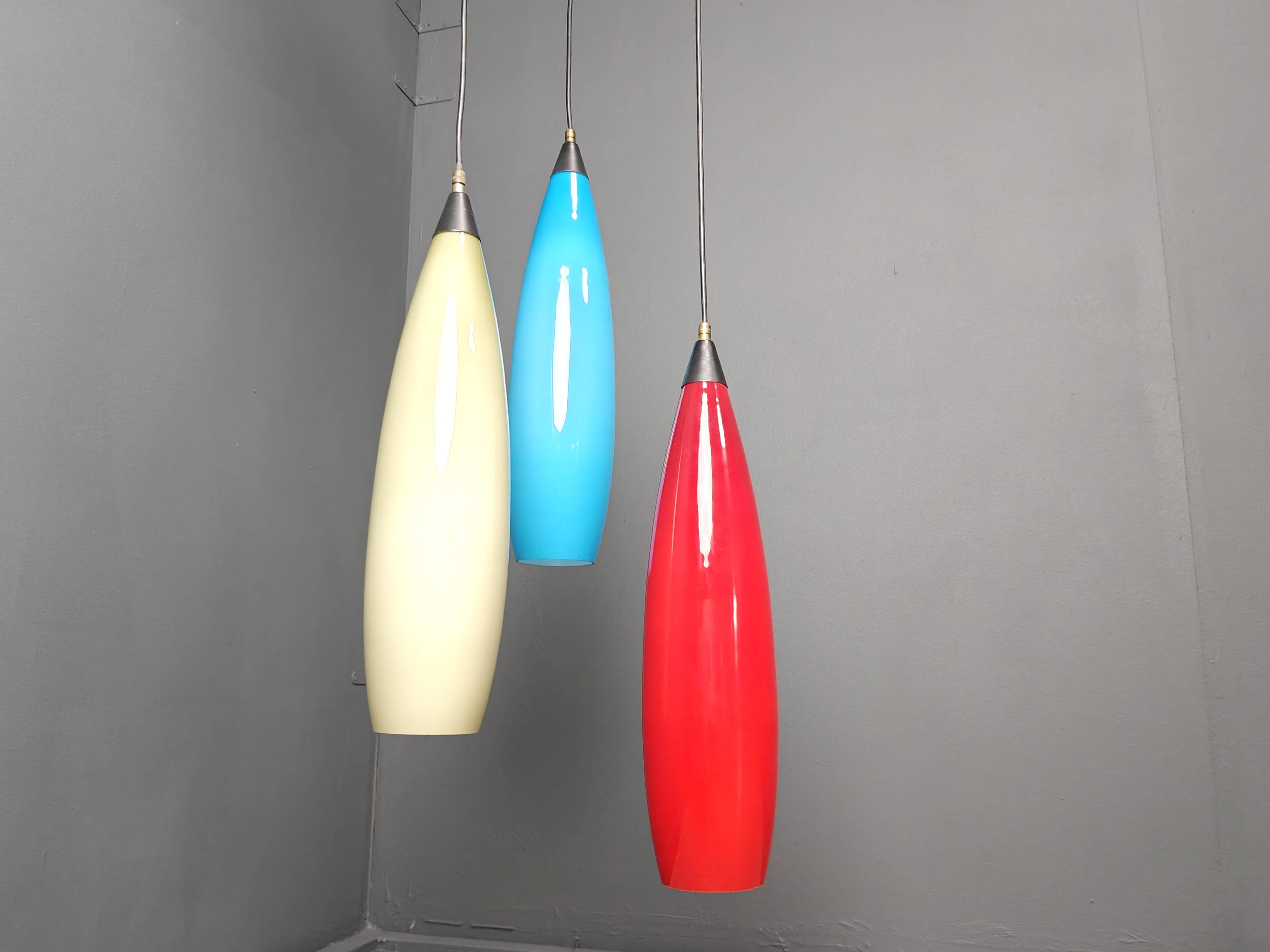 Vintage 3 glass pendant lights by Vistosi, 1970s