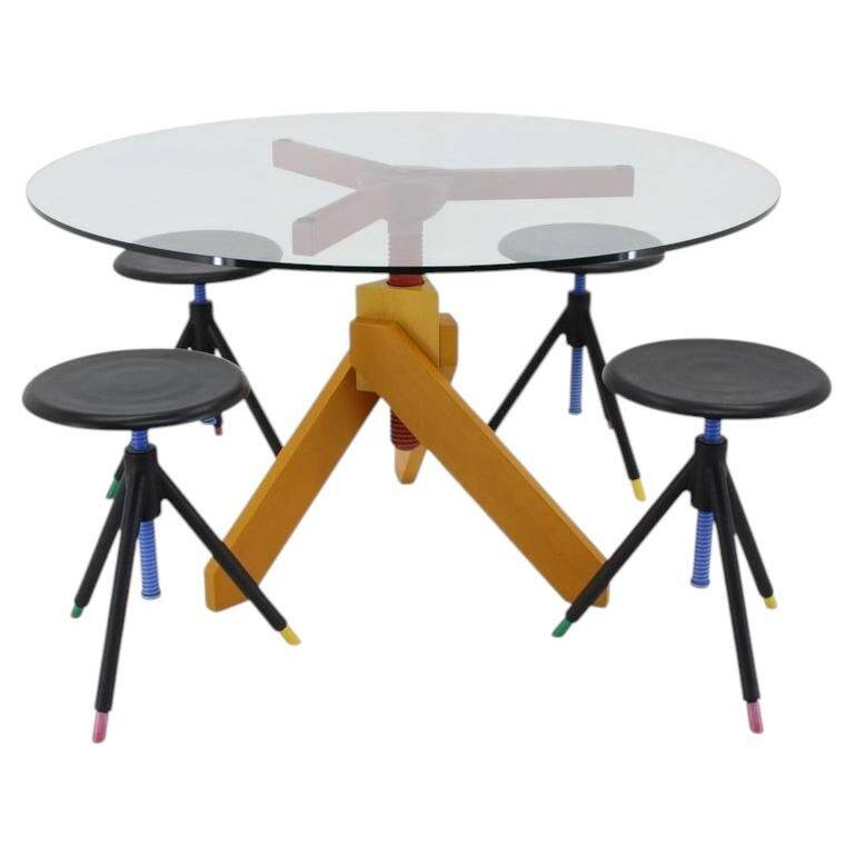 Italian Postmodern Adjustable "Screw" Dining Table and Four Stools in the Style