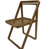 set of four mid century modern folding chairs, wood and webbing chair, italy 1970s design