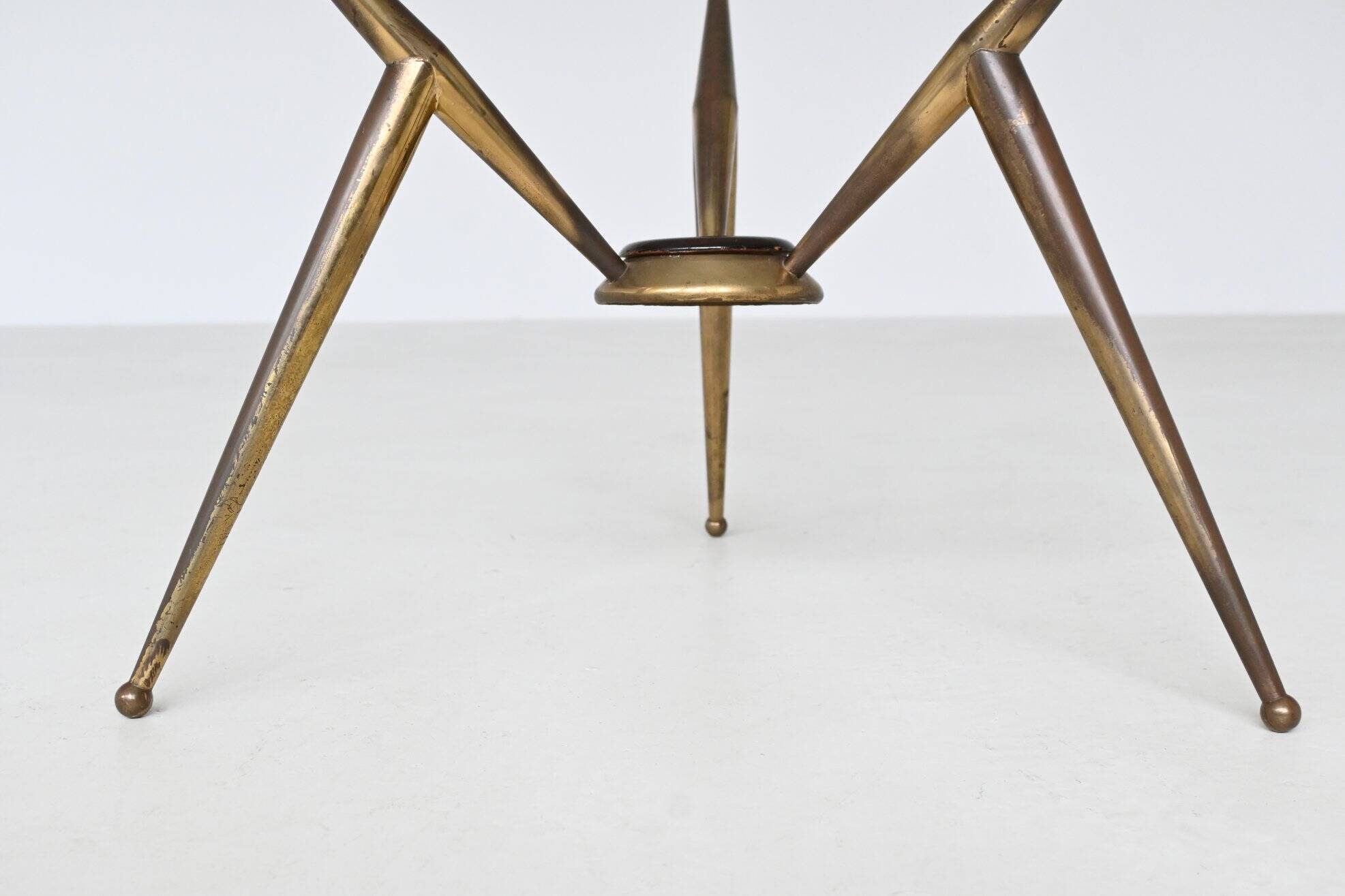 Italian tripod triangle coffee table brass and glass Italy 1950
