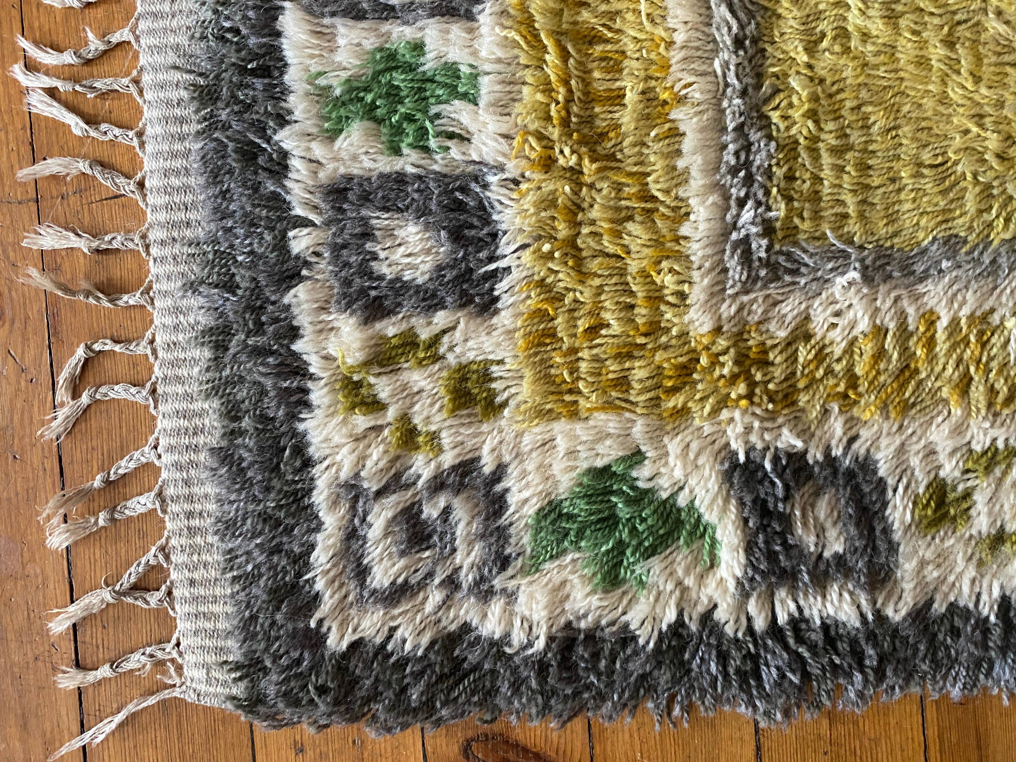 Mid-century Modern High Pile, Yellow, White, Green & Grey Rya Rug, Sweden, 1960s