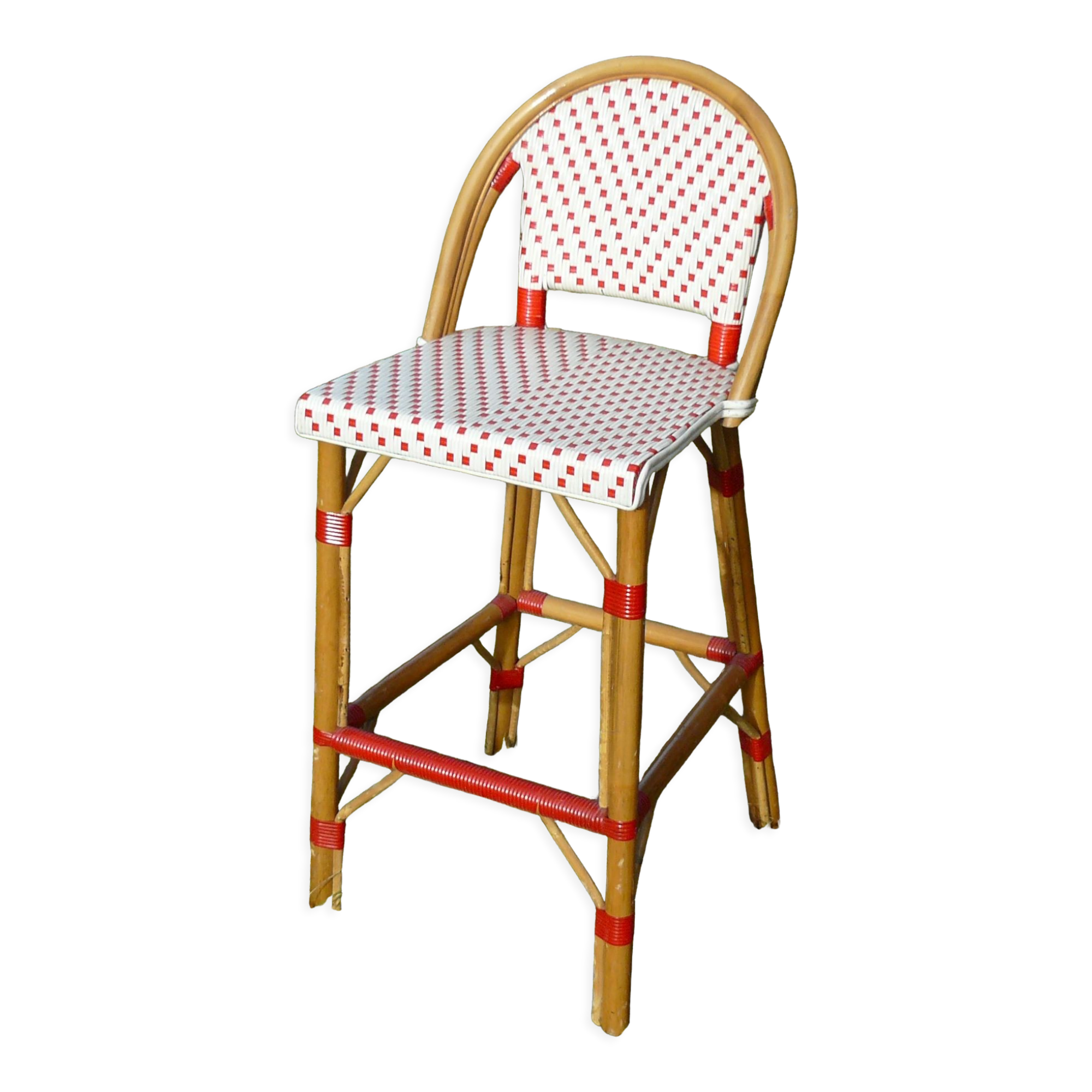 Vintage red and white rattan back bar stool 1970-80