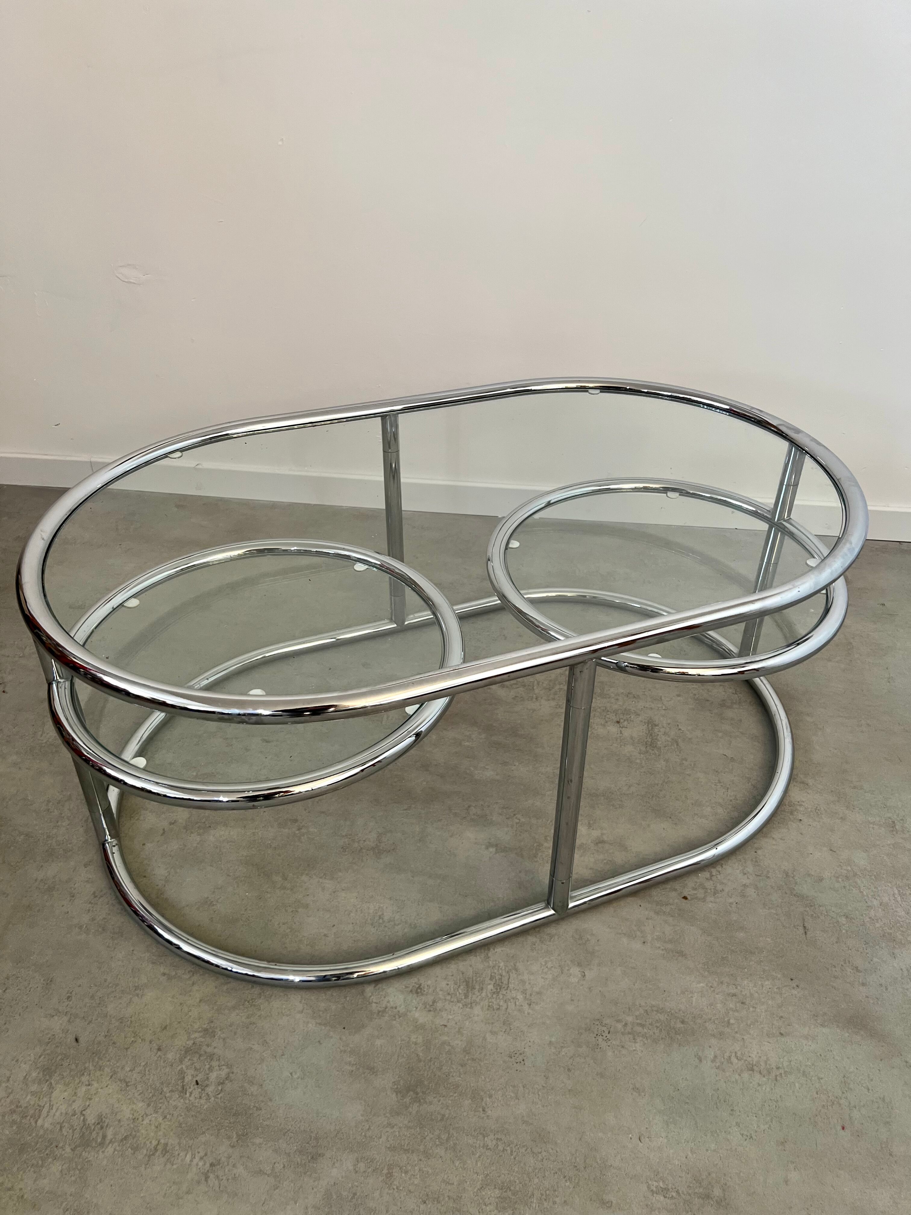 Vintage tubular coffee table glass top, Italian design of the 70s