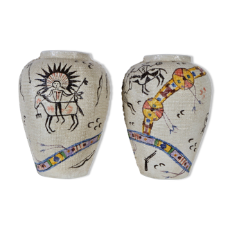 Couple of ceramic vases years 50 Italian manufactory with decorations