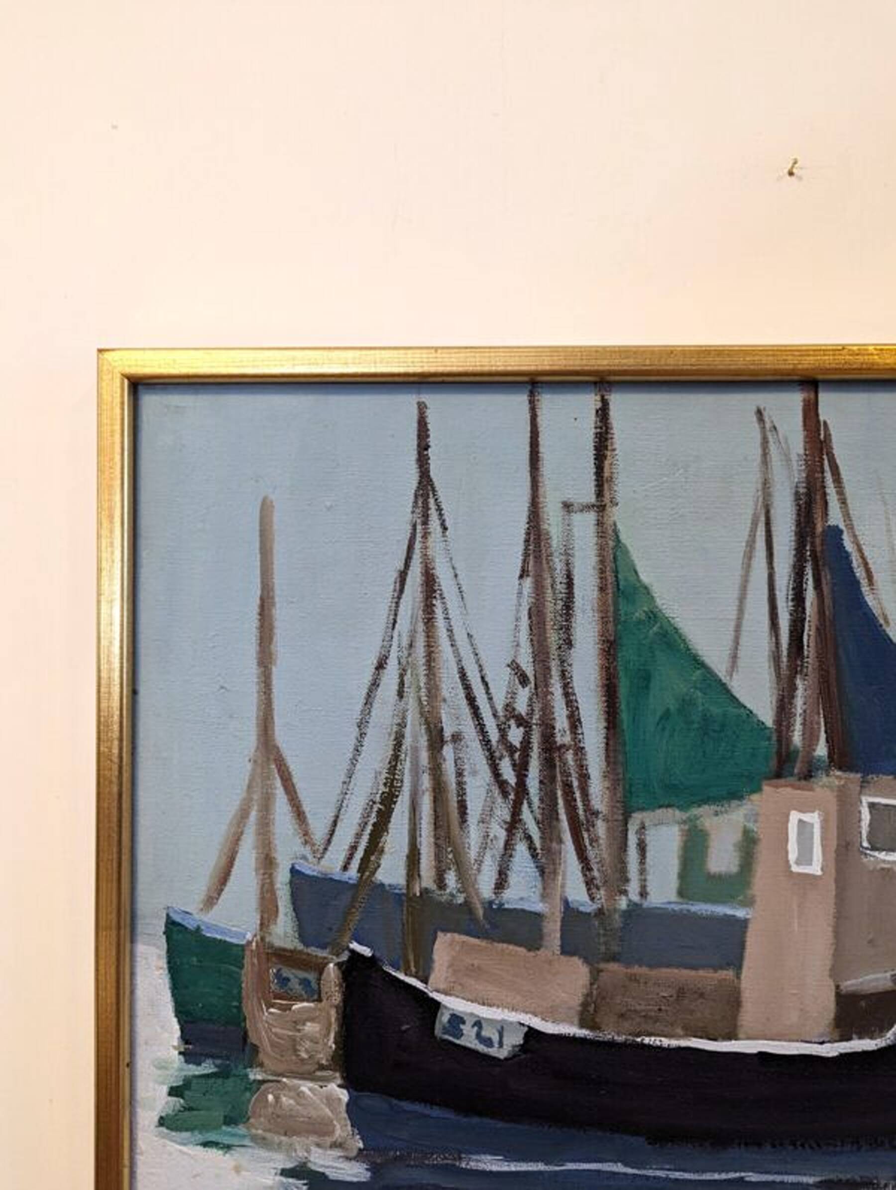 Mid-Century Modern Swedish "Green Sails" Vintage Seascape Oil Painting, Framed
