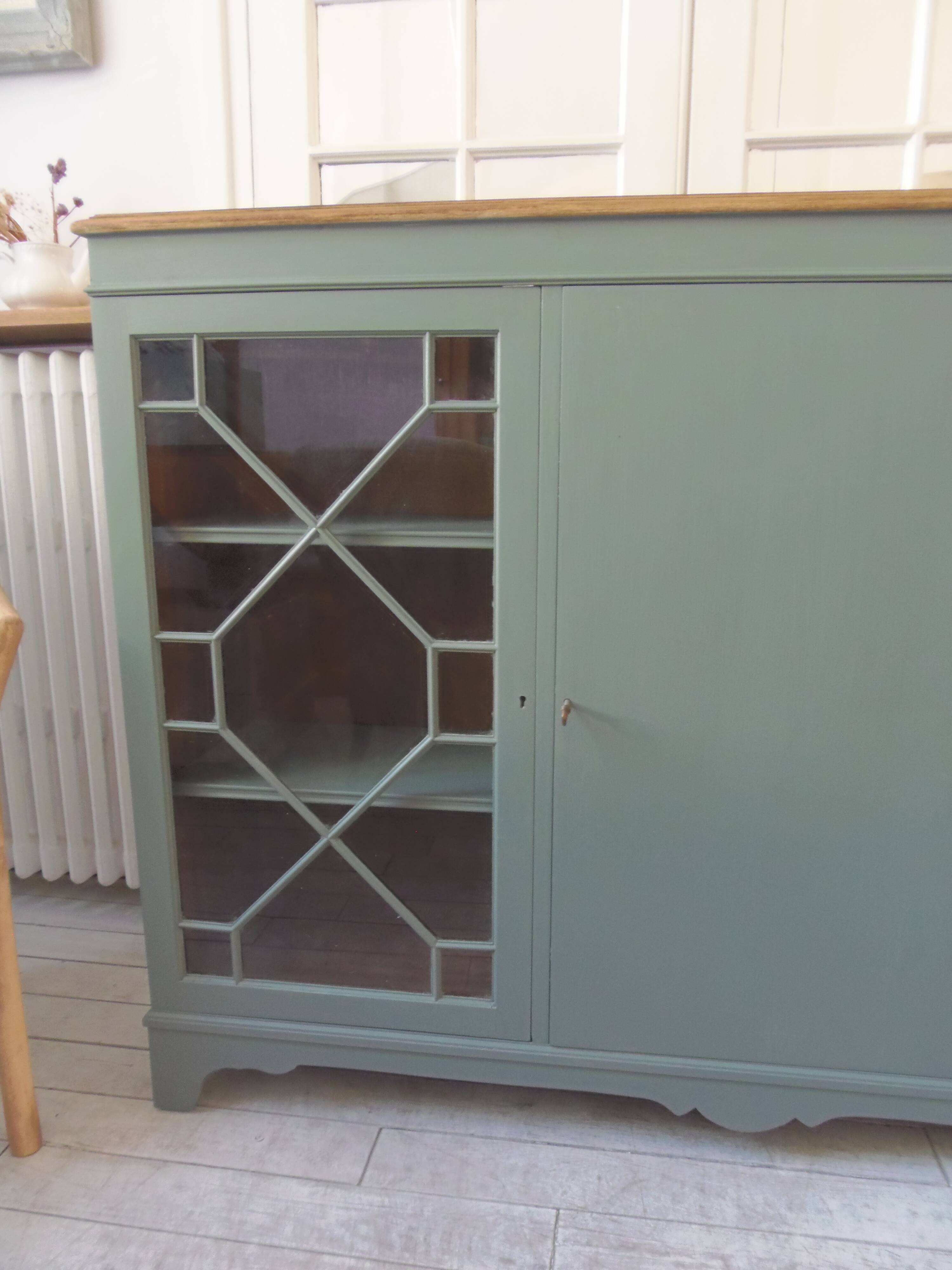 English sideboard, shallow, smoky green, wooden top.