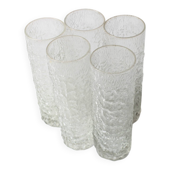 Set of 5 Vintage Bark Patterned Tumblers / Mid-Century Pressed Glass /Italy