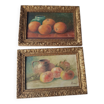 Paire de tableaux anciens nature morte huile sur panneau signées Reboul