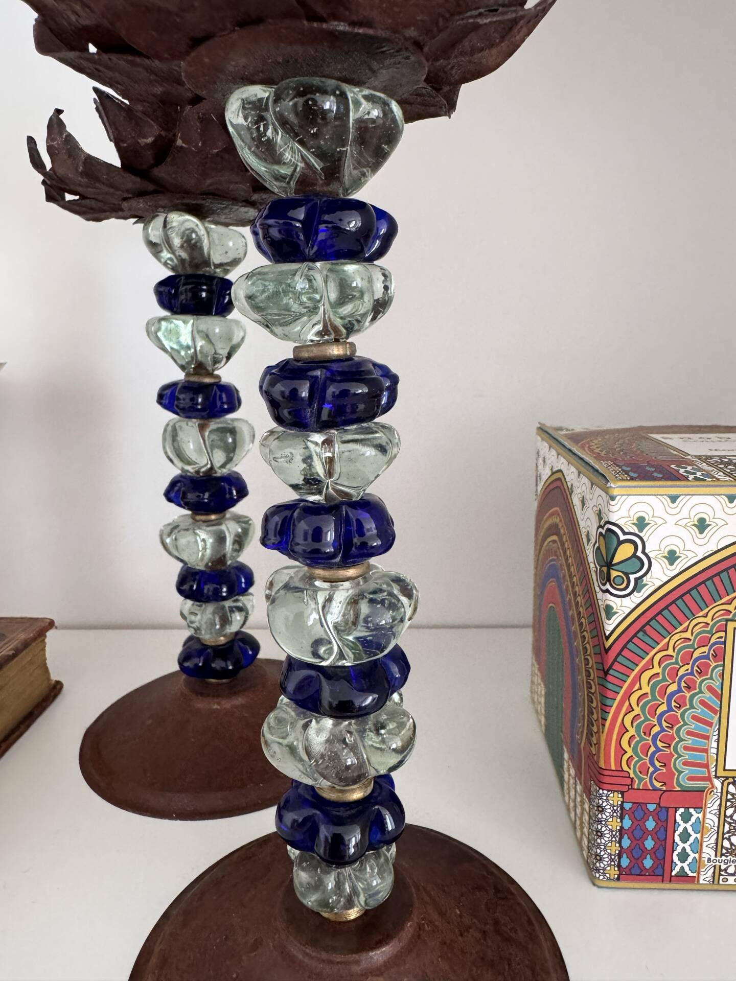 Pair of mid-century candlesticks in brass and glass beads, base in