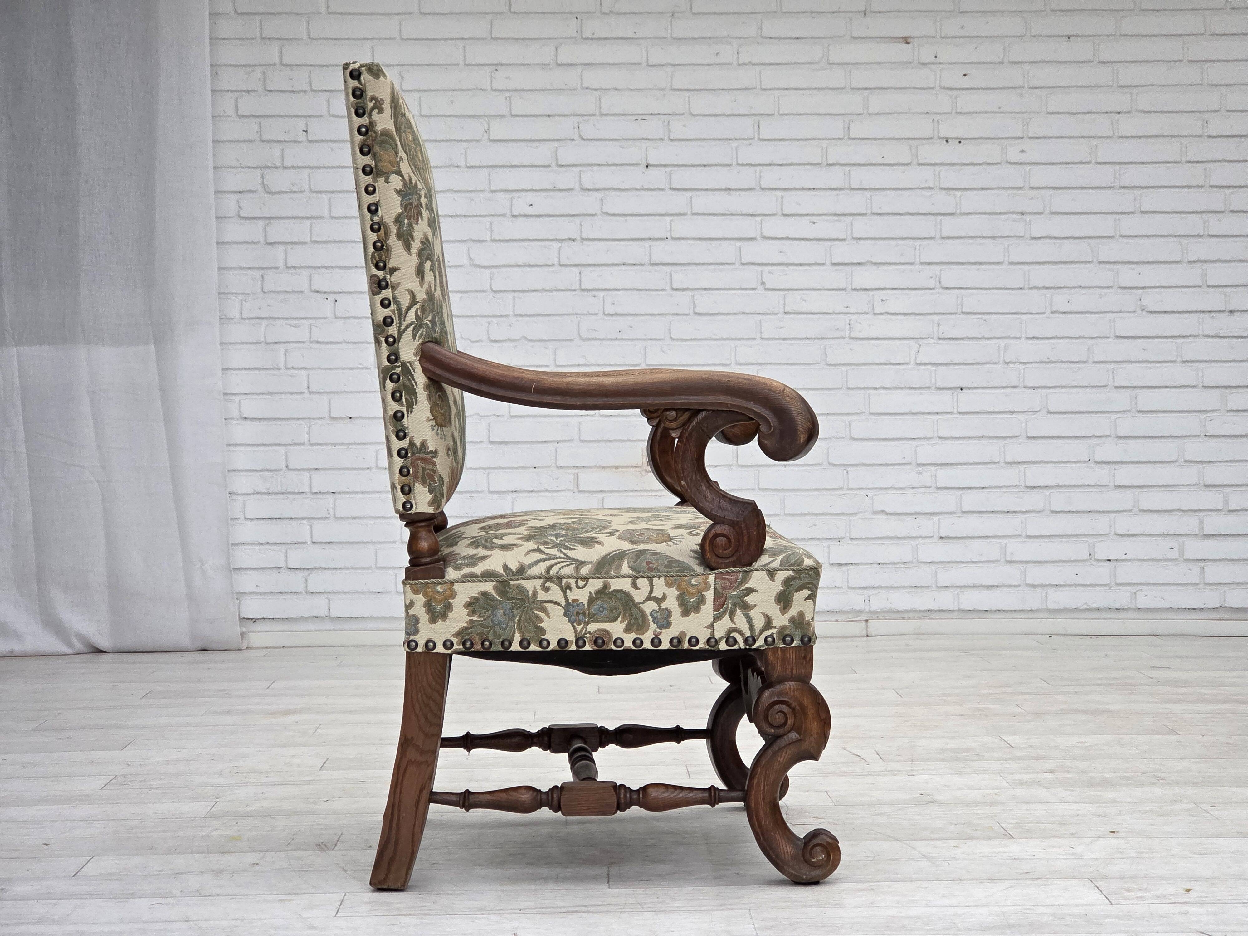 1950s, Scandinavian highback armchair, furniture fabric, oak wood.