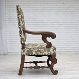 1950s, Scandinavian highback armchair, furniture fabric, oak wood.