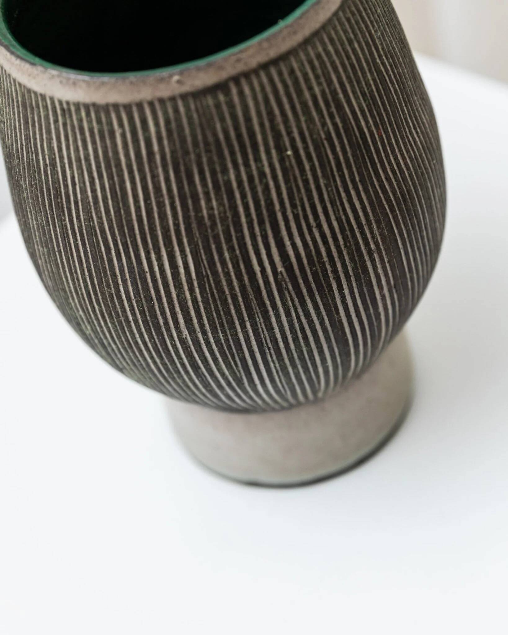 Gray and beige ceramic vase, vintage 1970s Danish studio pottery with incised texture
