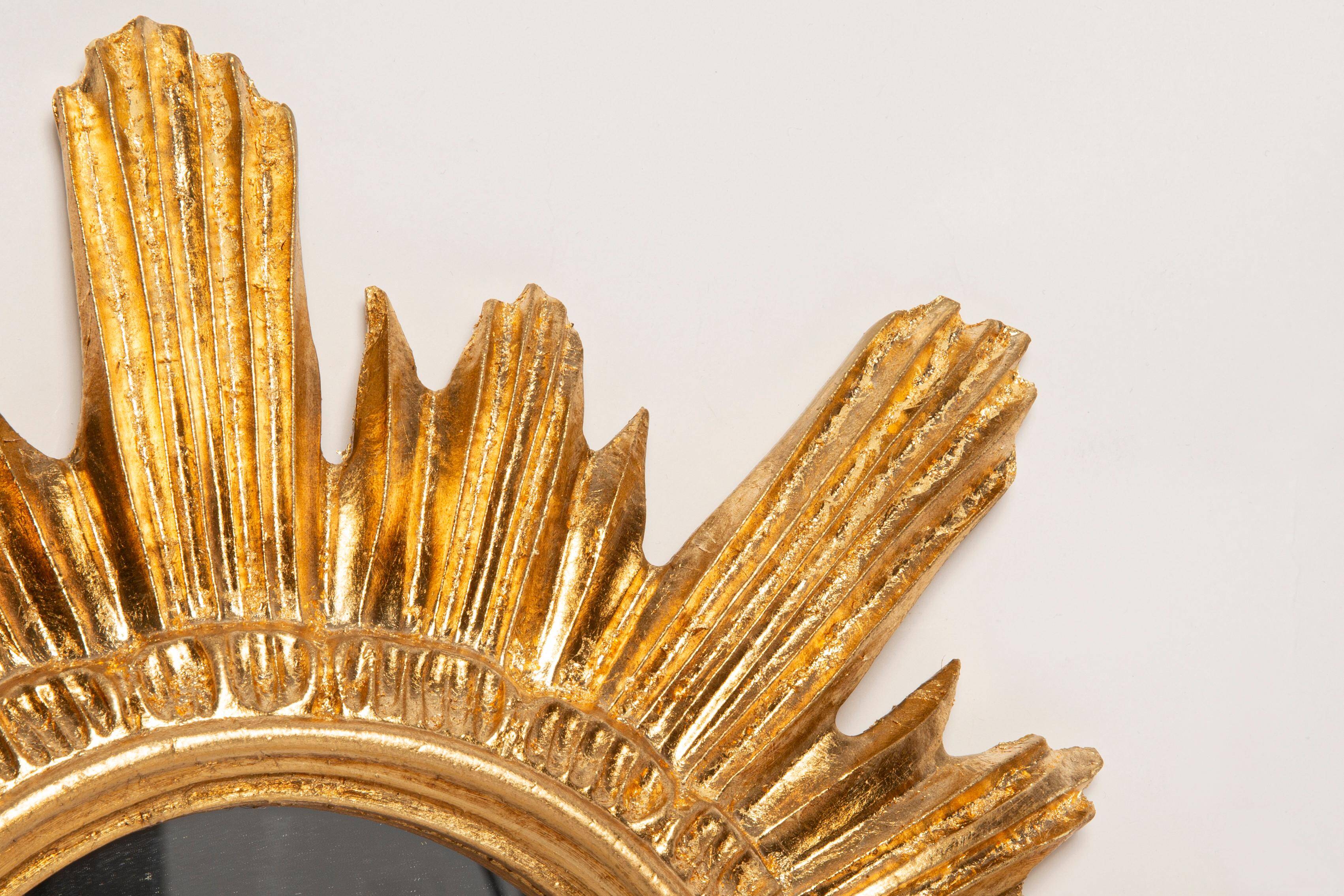 Miroir vintage soleil doré italien, bois doré, années 1960