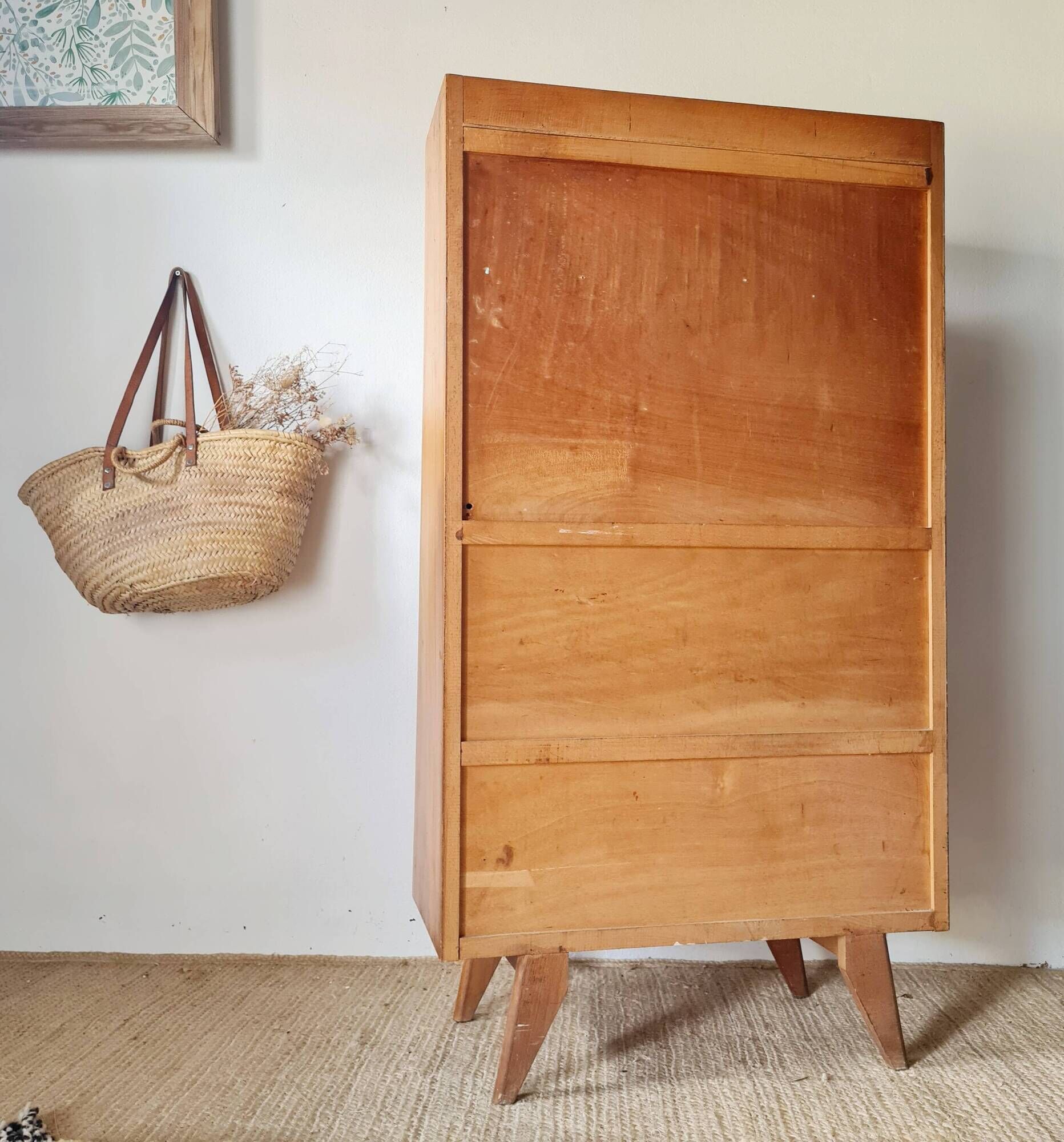 Vintage 1950s wooden secretary with tapered legs and mint interior.