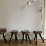 Brutalist wooden table and 3 stools