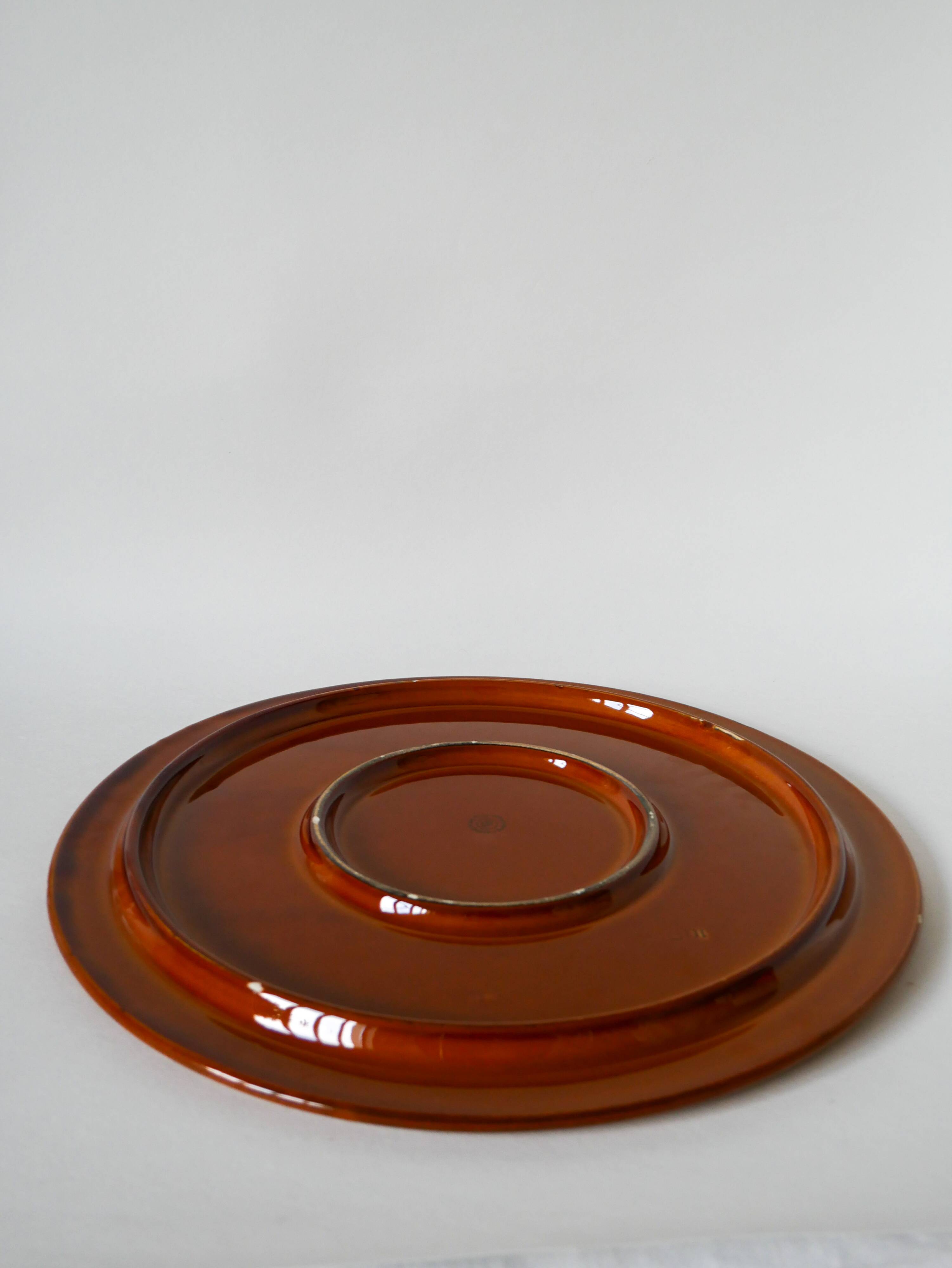 Cake dish in gien slip with woven reed effect 1960