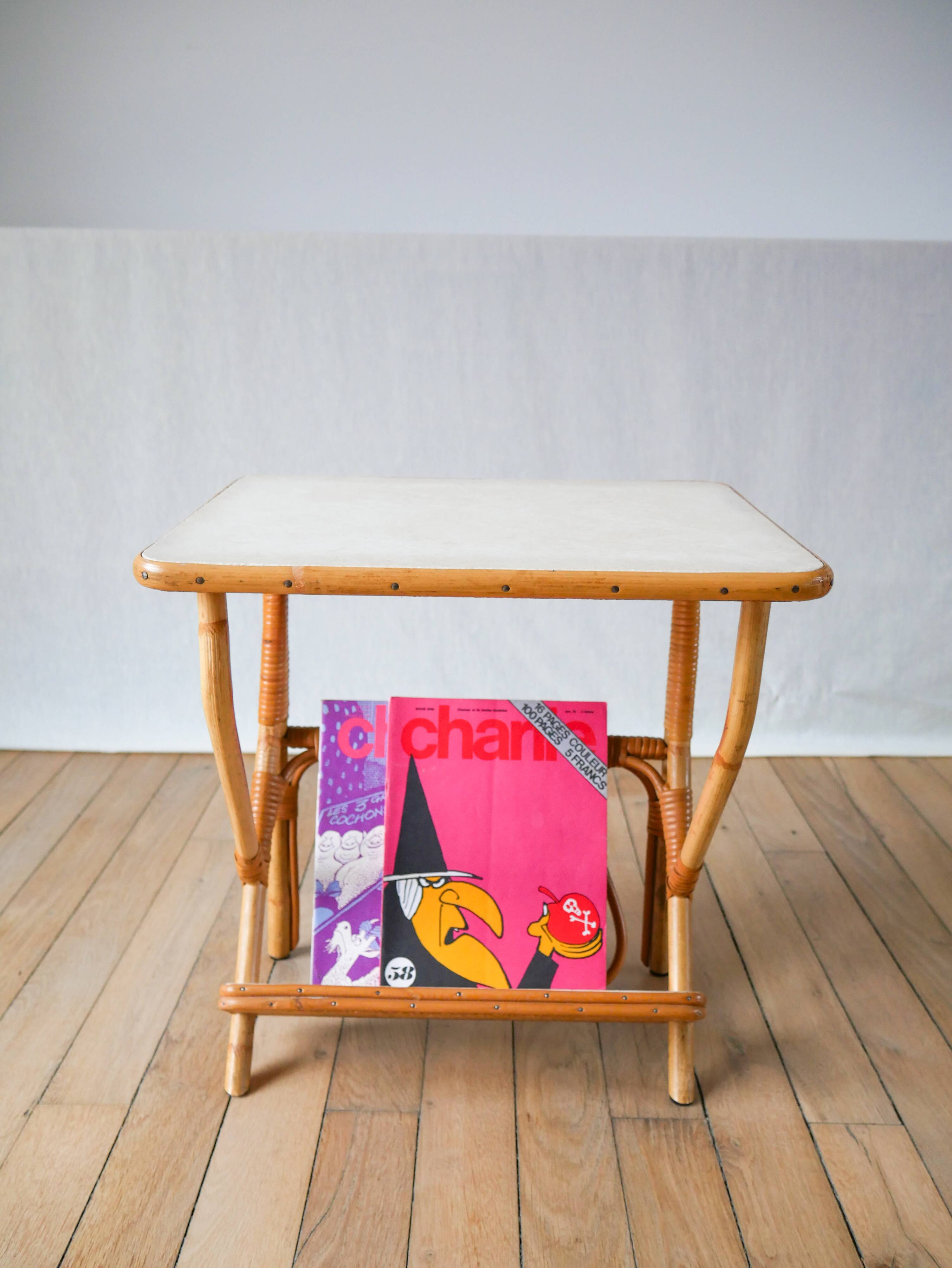 1960s rattan and bamboo side table with magazine rack