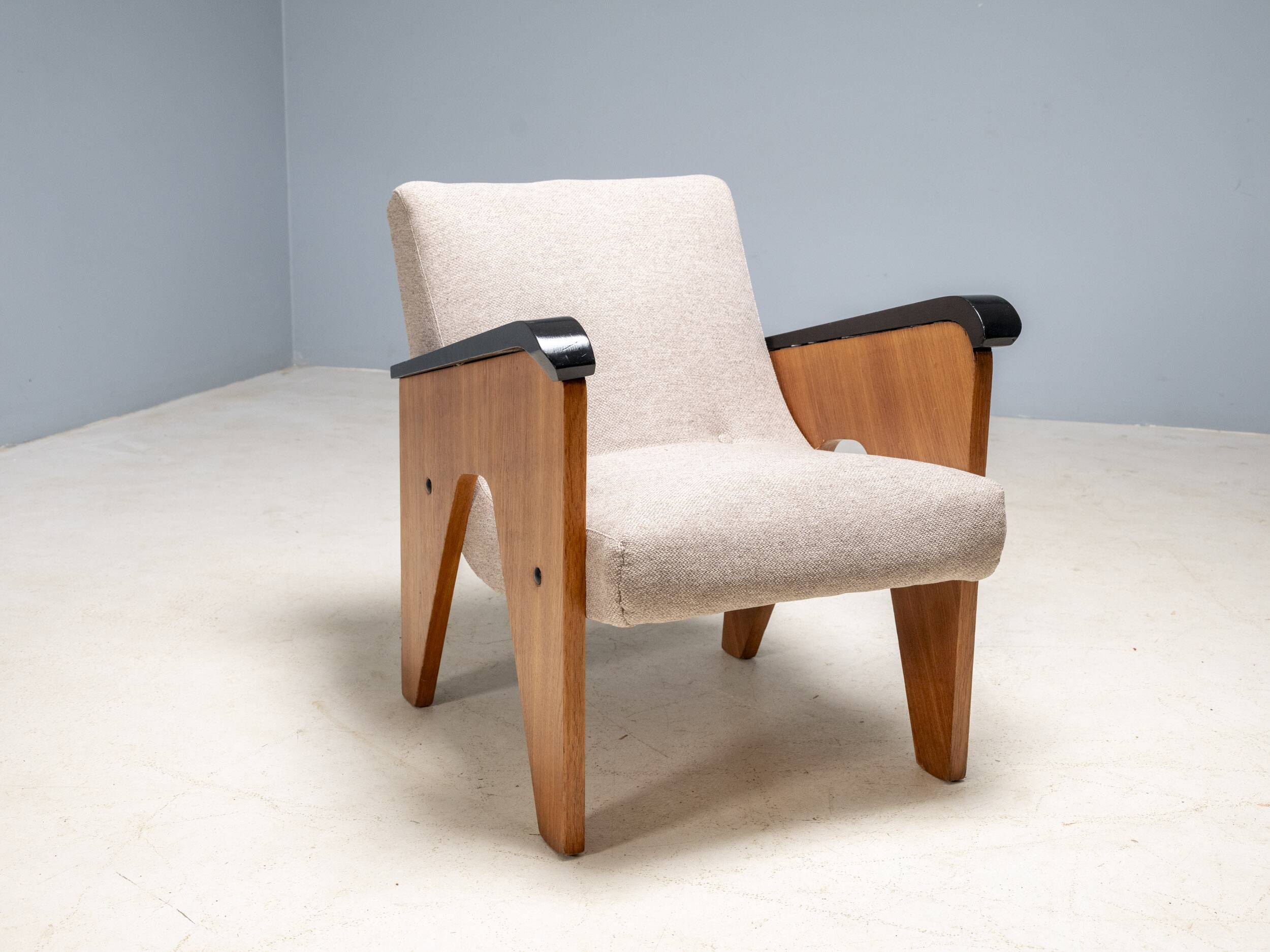 Vintage A-frame wooden armchairs, Czech design, 1950s, set of 3