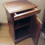 Bed with cherry wood base and bedside table
