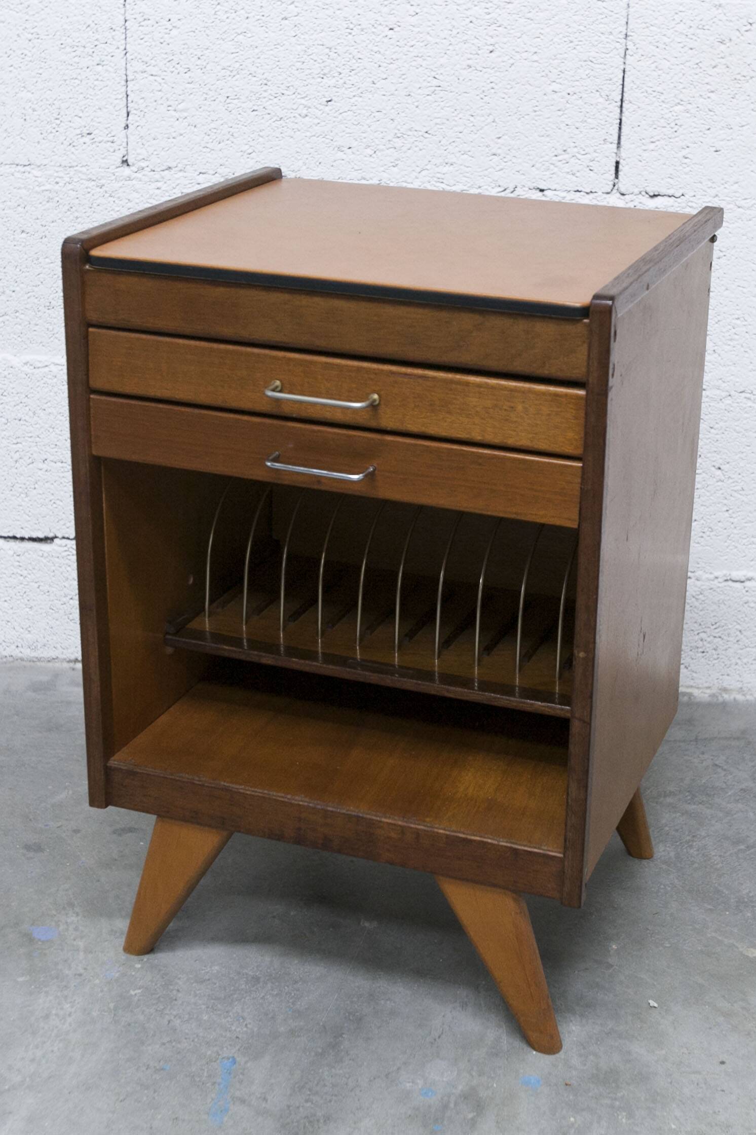 Unique 1960s bedside table with 15 complete games, compass legs, 1960s
