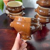 6 Emile Henry two-tone brown and cream vintage ceramic Lion Head Bowls Made in France