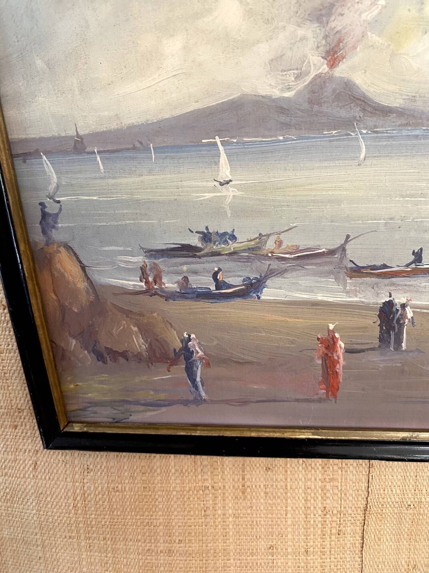 Oil painting "Fishermen of Sicily" 1960, Napoleon III frame