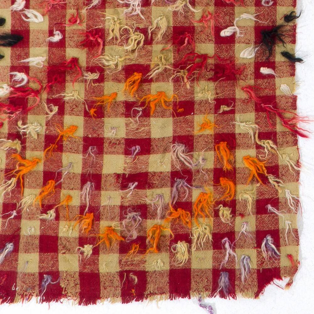 Vintage Handwoven Checkered Kilim Rug with Red and Beige Checkered Design and Colorful Wool Pom Pom