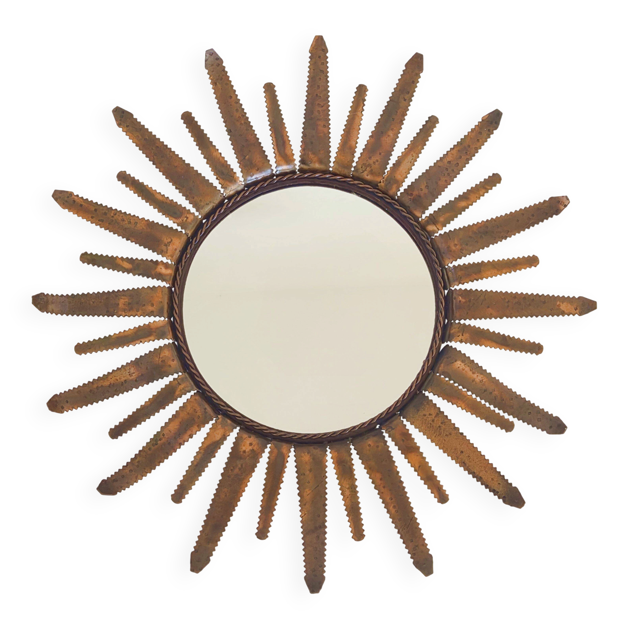 Sunburst mirror vintage 1960 in golden copper metal 50s brutalist 1960s