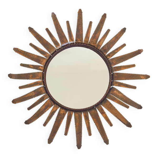 Miroir soleil sunburst vintage 1960 en metal cuivre dore 50s brutaliste 1960s