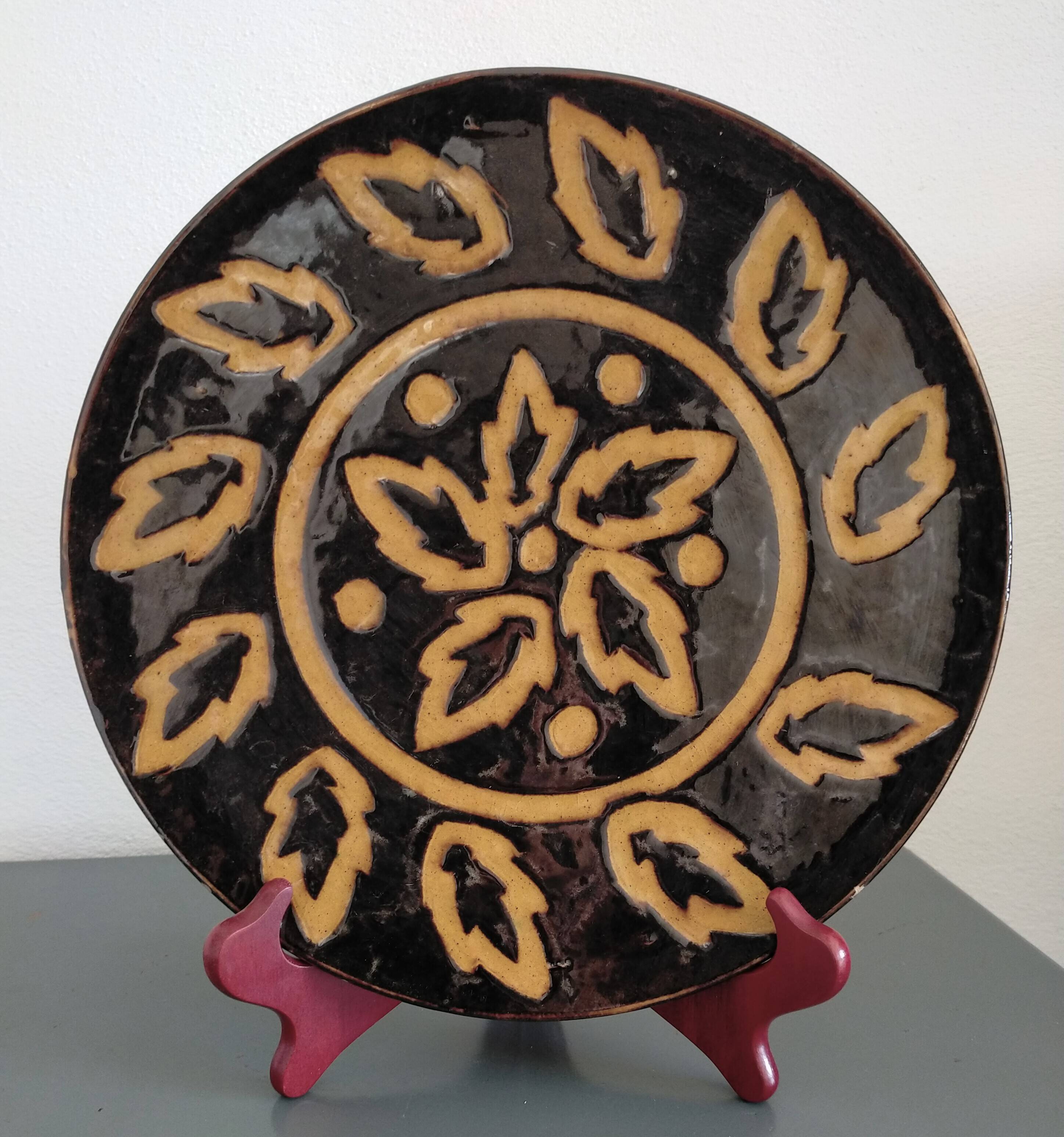 Vintage Dauphiné glazed terracotta dish Michèle Peyric Leaf decoration