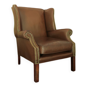 Fauteuil club à oreilles vintage en cuir, années 1970
