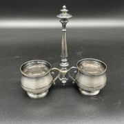 Double salt dish, silver metal, round base, socket, engraved decor, table decoration, chic, hallmark