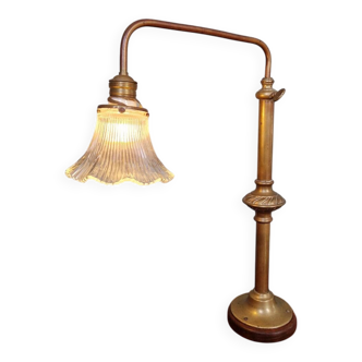 Large desk lamp in brass and clear ribbed glass, 1930.
