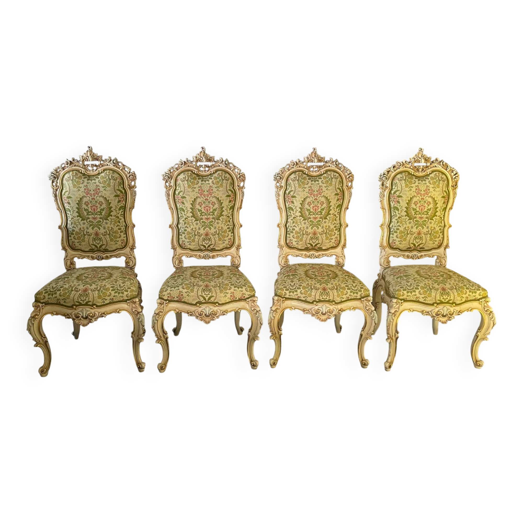 Set of 4 Venetian style sculpted wooden chairs, cream and gold, Italy.