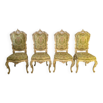 Set of 4 Venetian style sculpted wooden chairs, cream and gold, Italy.