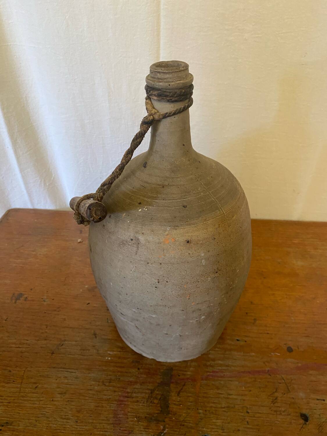 Antique Beige Stoneware Bottle + Wooden Stopper Large Volume Vintage