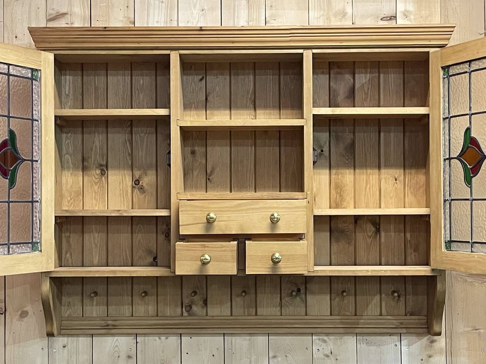 English wall cabinet in fir with old stained glass windows - 1980s