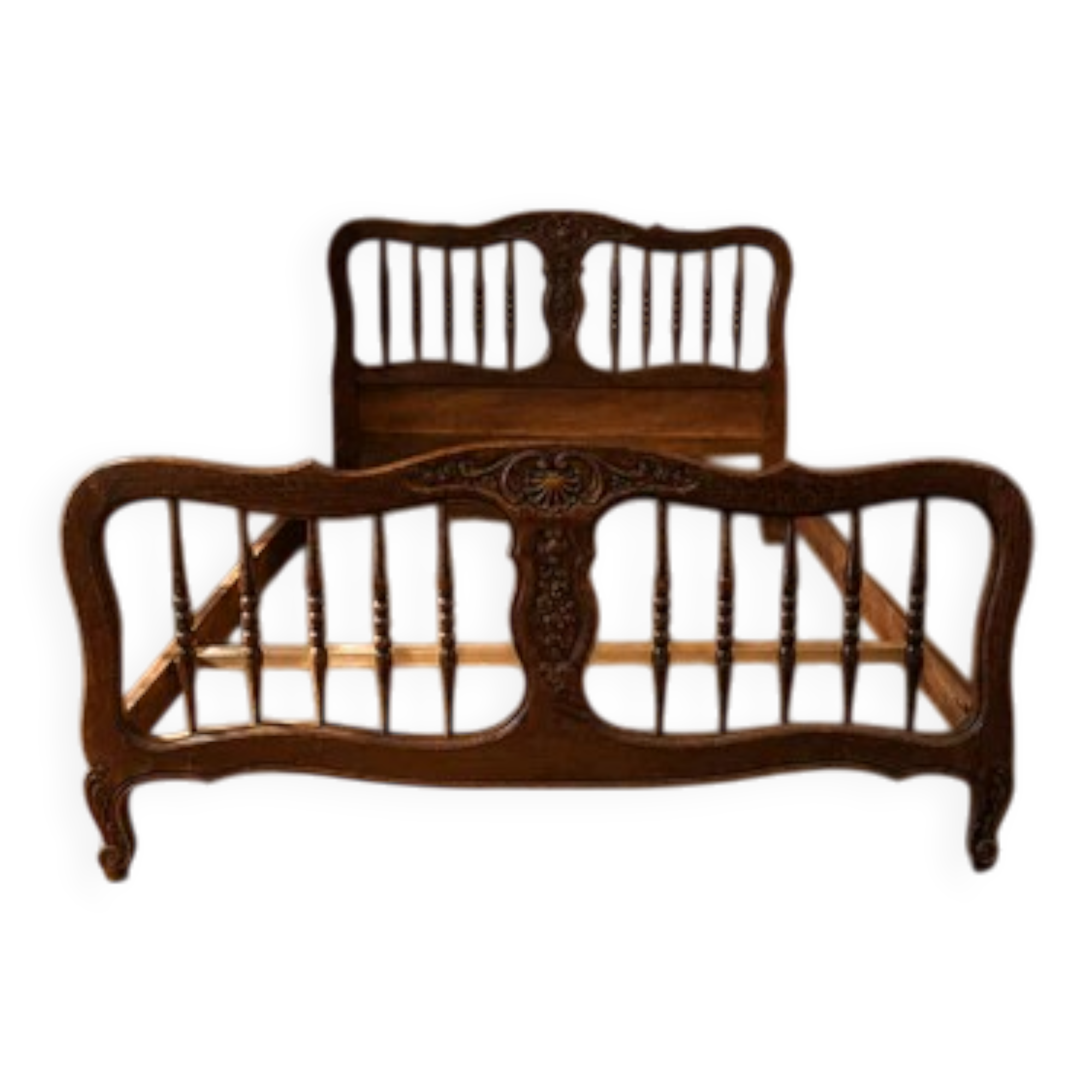 Vintage carved wooden bed frame, ornamental headboard & footboard, first half 20th century