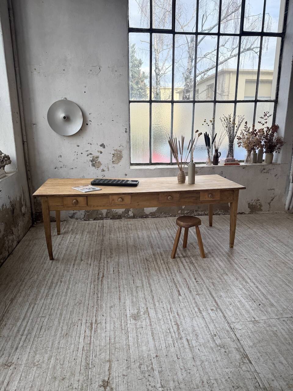 Pine and oak farmhouse table with multiple drawers, communal type, 240cm.