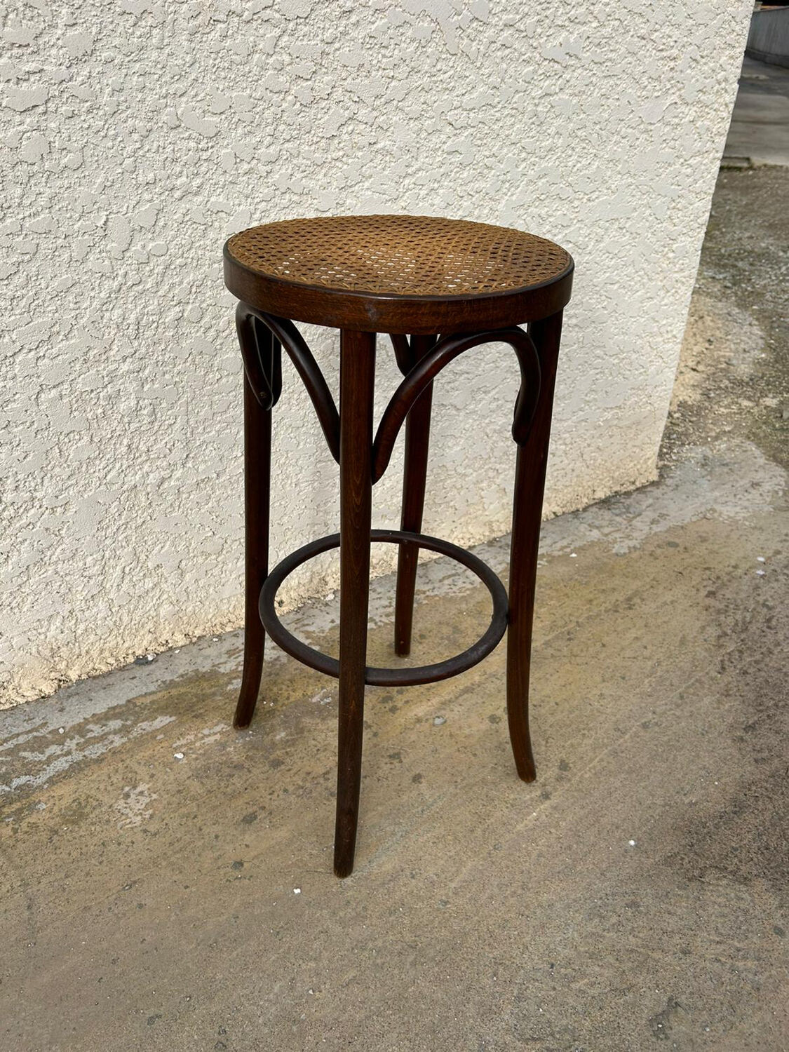 Tabouret de bar vintage en bois & cannage