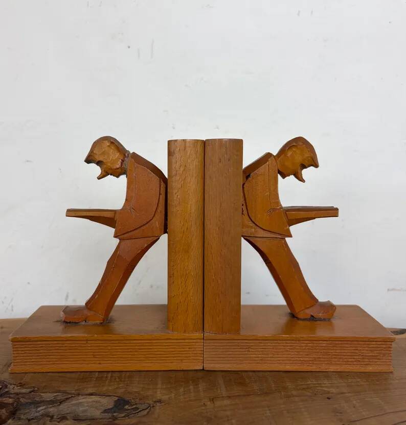 Vintage Mid-Century Cubist German Carved Wood Bookends – Art Deco Style