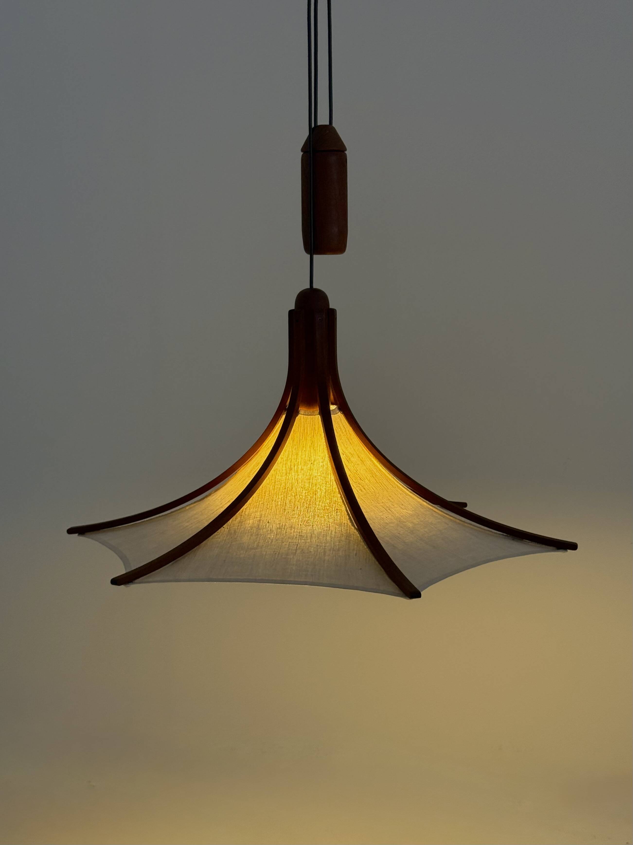Mid-century teak pendant lamp from Domus with linen shade