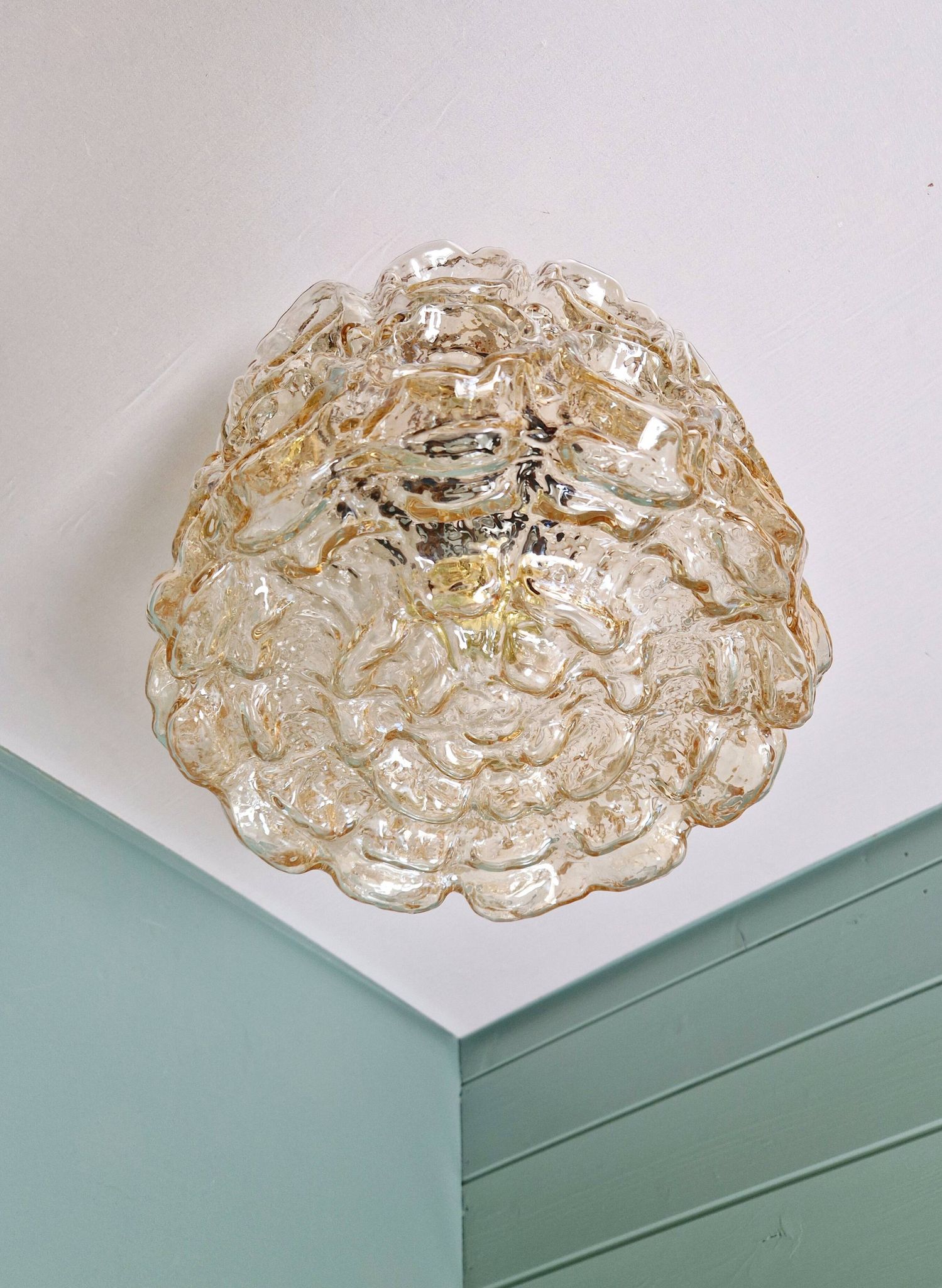Brass and amber textured glass ceiling light, design by Helena Tynell, Limburg.