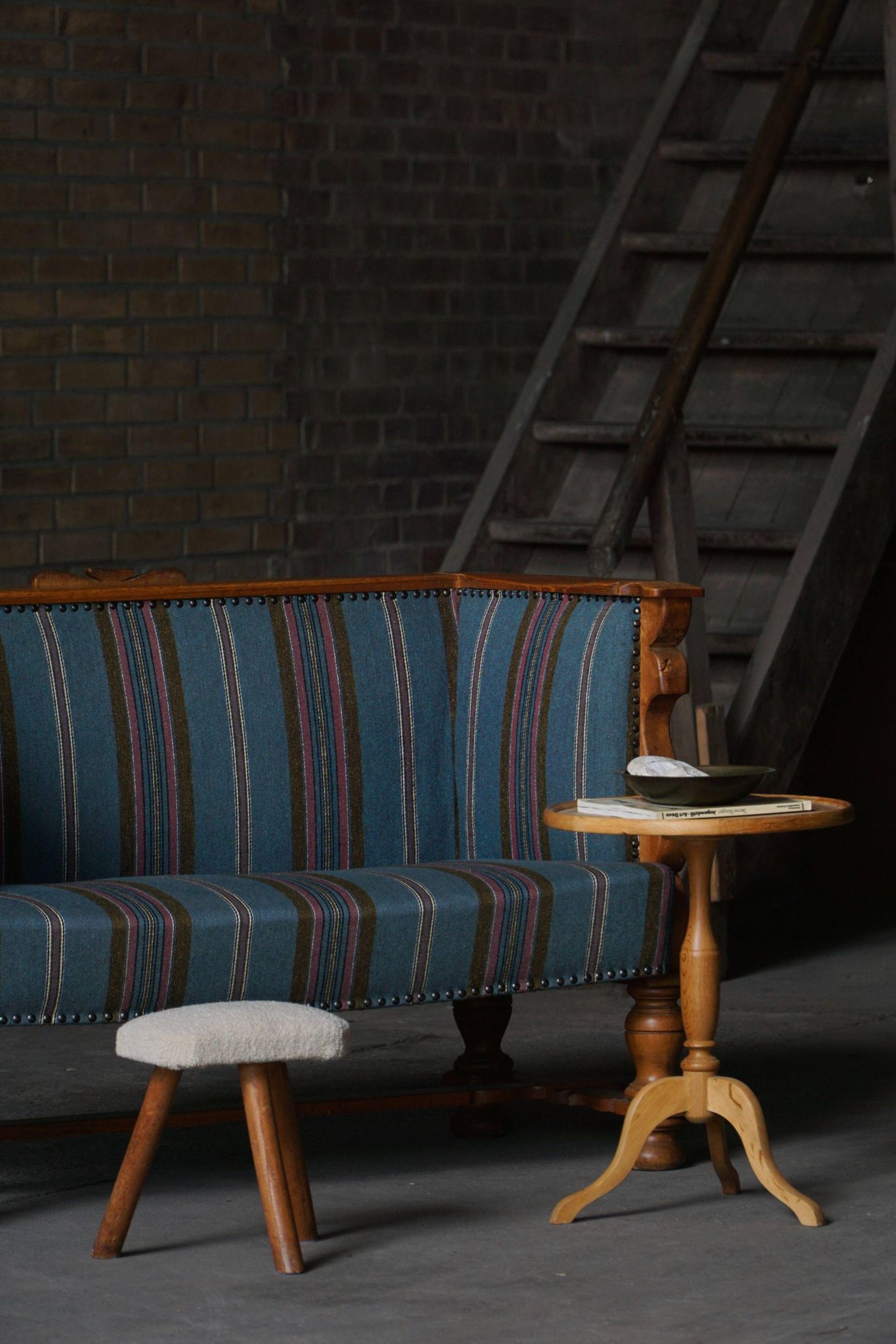 Oak canapé adorned with original upholstery, Nordic classicism, Sweden, 1930s.