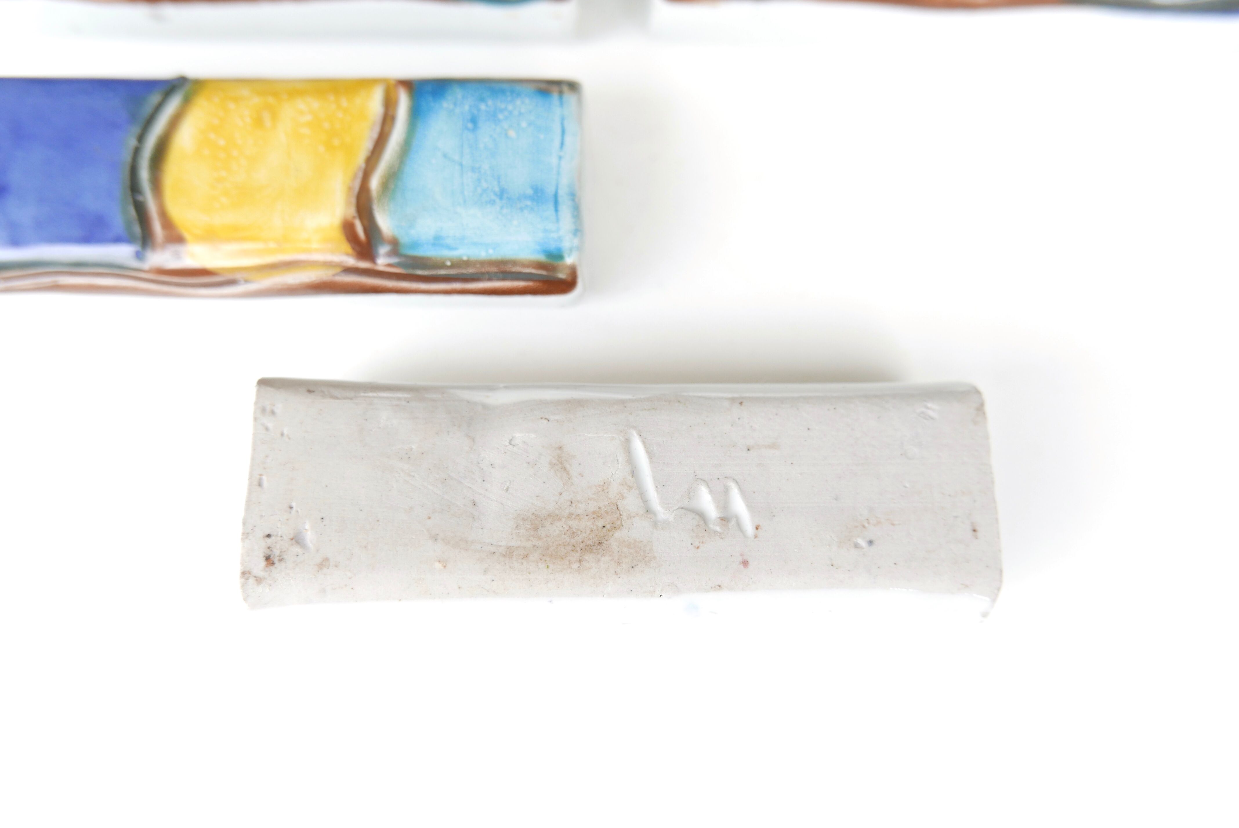 Set of 6 blue and yellow ceramic knife holders, 1980s