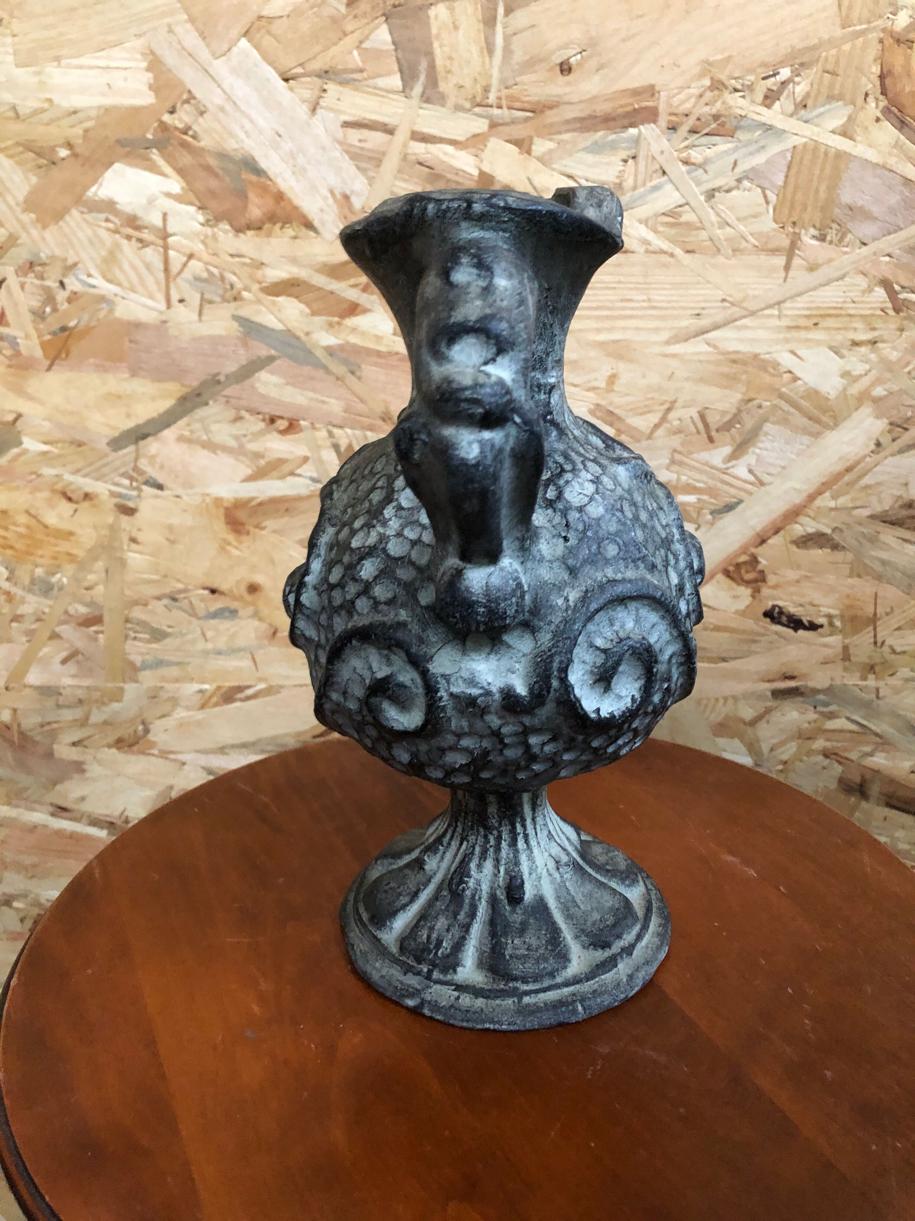 Old pitcher ewer gray ceramic signed vintage tableware