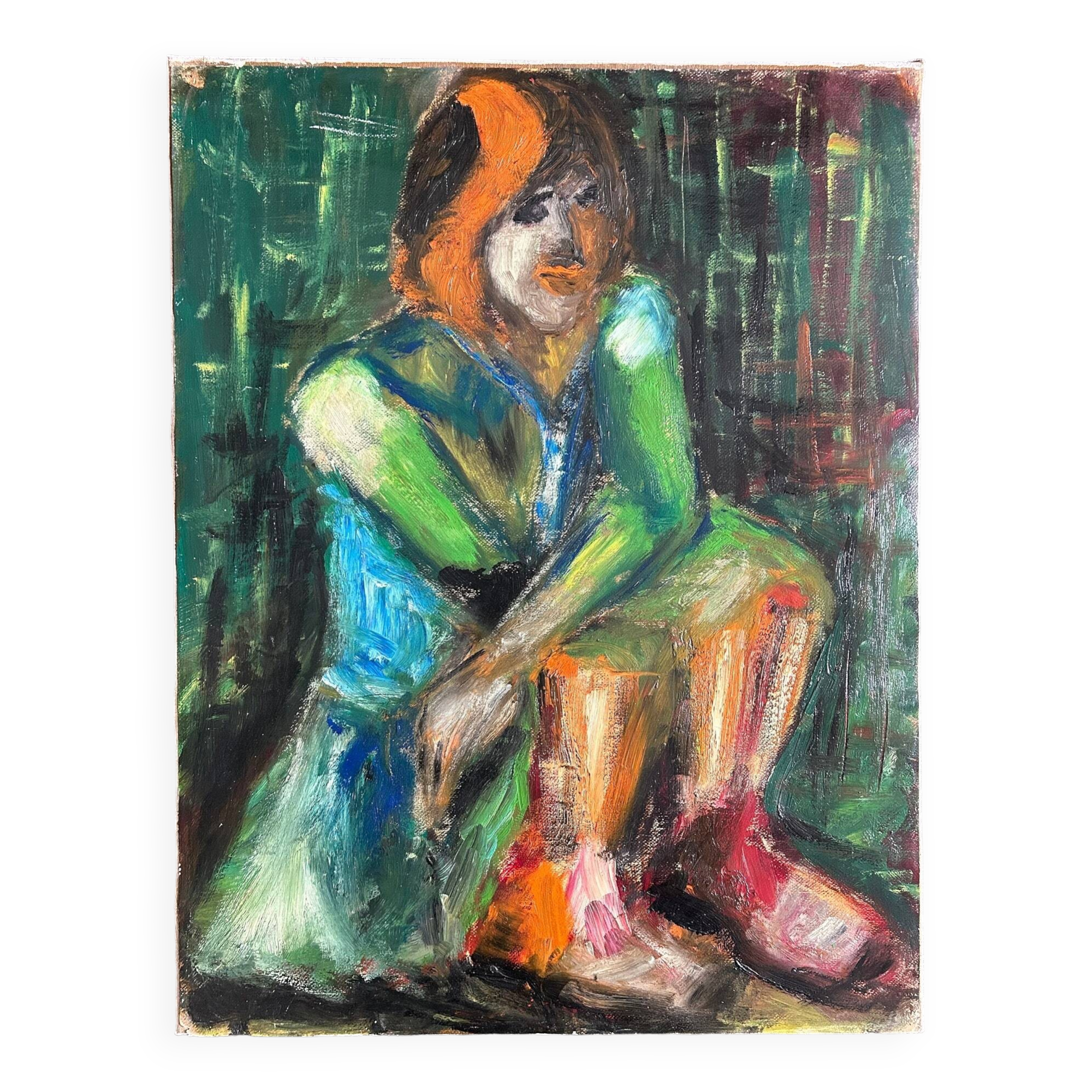 Portrait d'une femme, tableau à l'huile sur toile moderniste du xxe siècle - signé